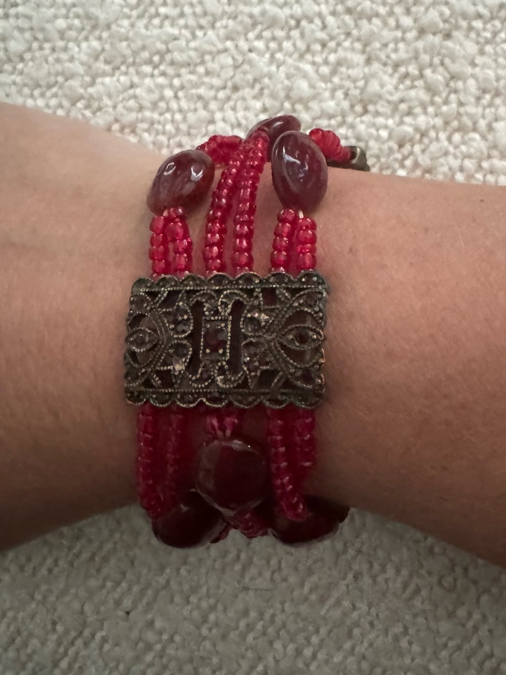 Red Beaded Multi-Strand Bracelet with Filigree Accent
